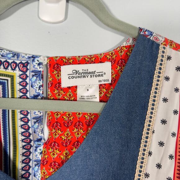 Vermont Country Store Scarf Print Patchwork Denim Dress Womens S - Picture 5 of 7